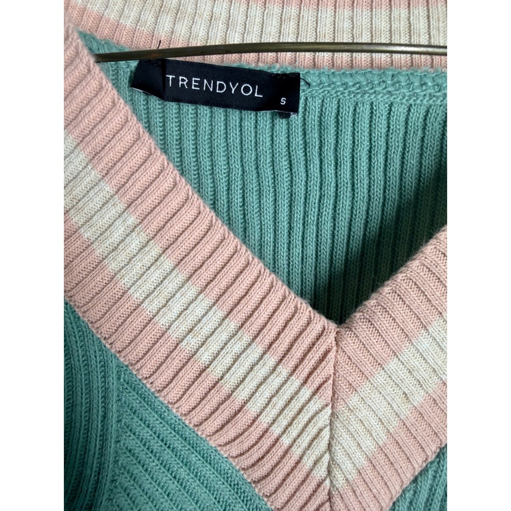 Trendyol Mint Green Mixed Knit V-Neck Sweater Vest Pink Striped Trim Small - Picture 3 of 5